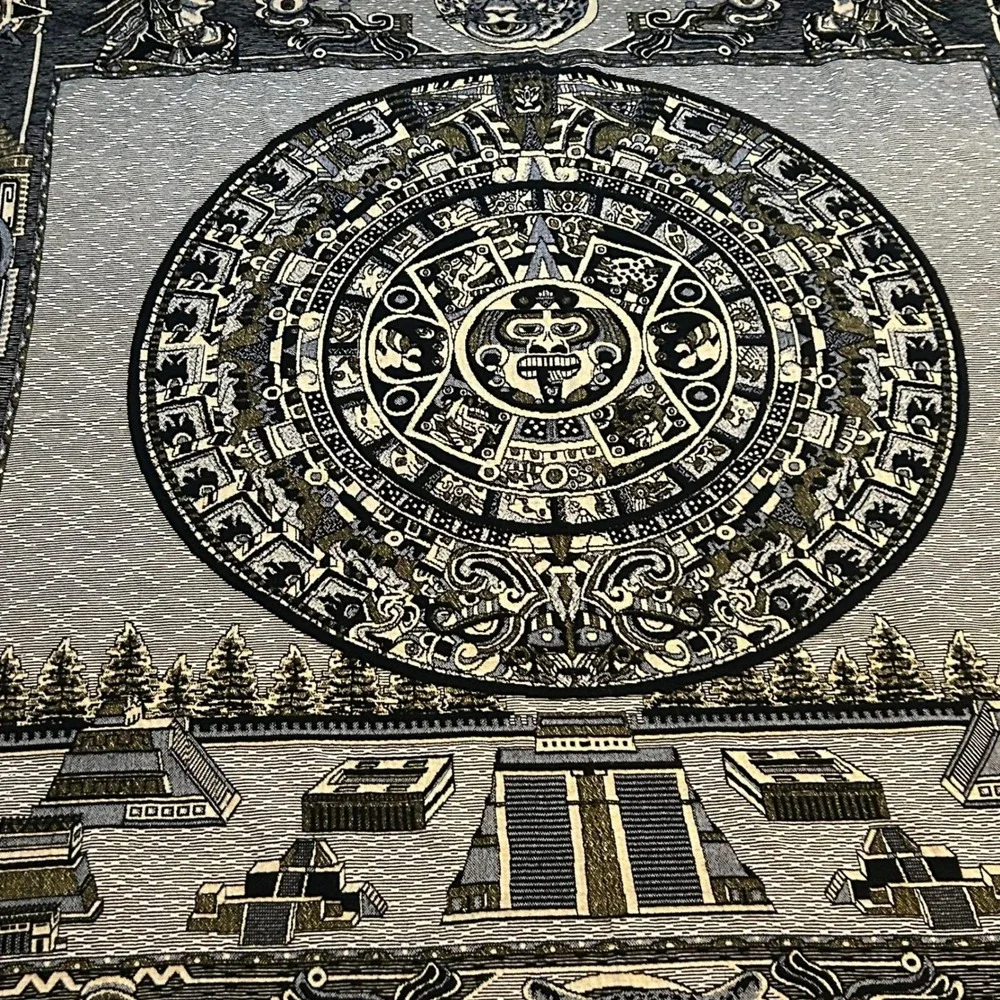 Mexican Aztec Mayan Sun Stone Calendar Woven Tapestry Blanket Jaguar Pyramids
